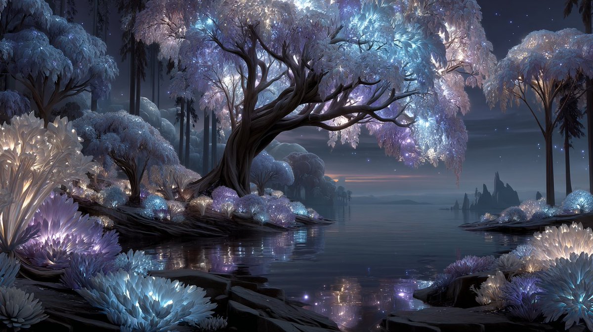 Synth_Cyborg's tweet image. The forest doesn't sleep here. It shimmers with secrets under every star.

#BioluminescentForest #CelestialGlow #FantasyNature #SpaceArt