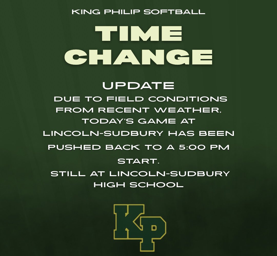Coach Kate (@kphssoftball) on Twitter photo UPDATE
Due to field conditions from recent weather, today’s game at Lincoln-Sudbury has been pushed back to a 5:00 PM start.
📍 Still at Lincoln-Sudbury High School
Let’s go, Warriors!
#KPSB #GameDayUpdate
<a href="/HockomockSports/">HockomockSports</a> UPDATE
Due to field conditions from recent weather, today’s game at Lincoln-Sudbury has been pushed back to a 5:00 PM start.
📍 Still at Lincoln-Sudbury High School
Let’s go, Warriors!
#KPSB #GameDayUpdate
<a href="/HockomockSports/">HockomockSports</a>