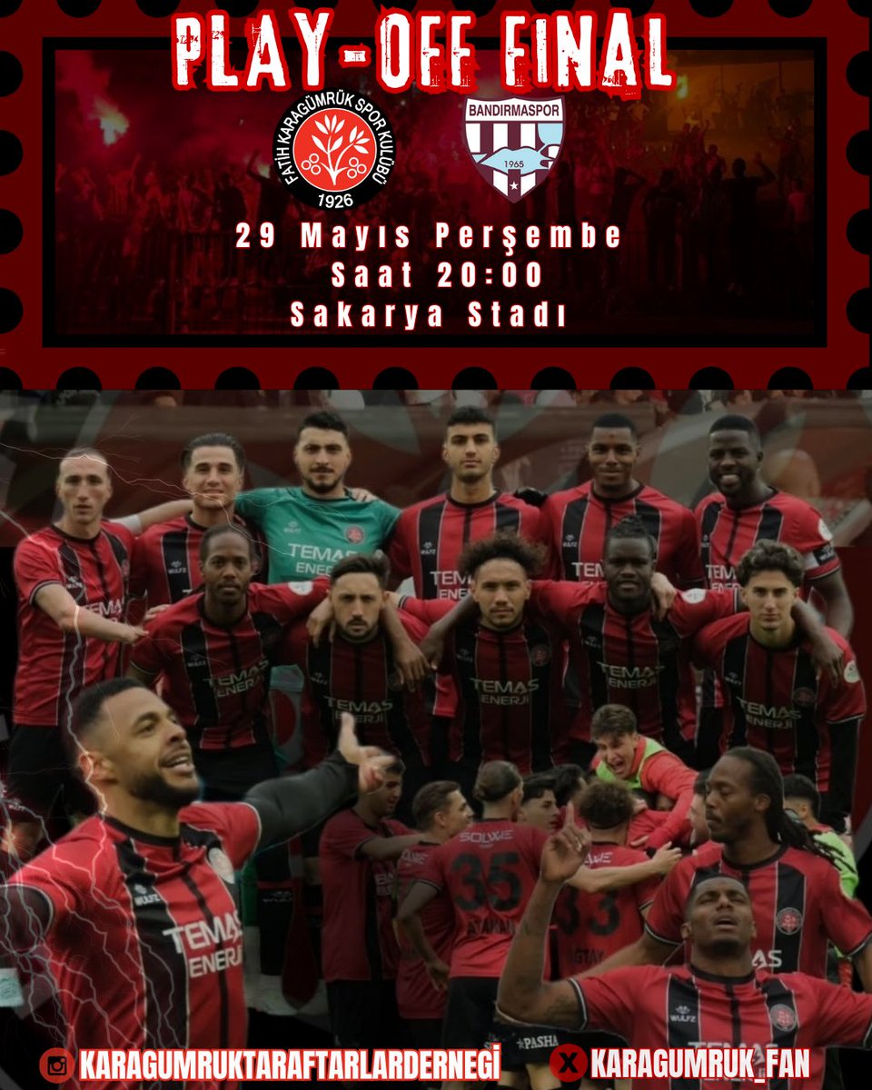🏆 Trendyol 1.Lig Play-Off Final 
🆚 Karagümrük - Bandırmaspor 
🗓️ 29 Mayıs Perşembe 
🕣 20:00
🏟️ Sakarya Atatürk Stadı 
📢 #YineYenidenSüperLige