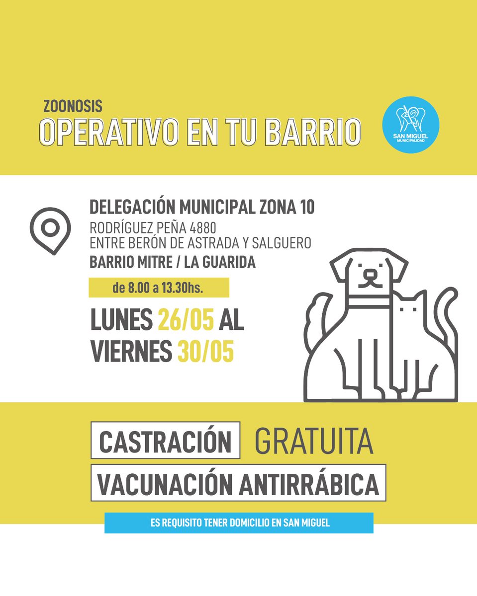 Del lunes 26/05 al viernes 30/05 realizaremos un operativo de Zoonosis en Barrio Mitre/La Guarida🐱🐶
Mirá los detalles del operativo en la foto👇