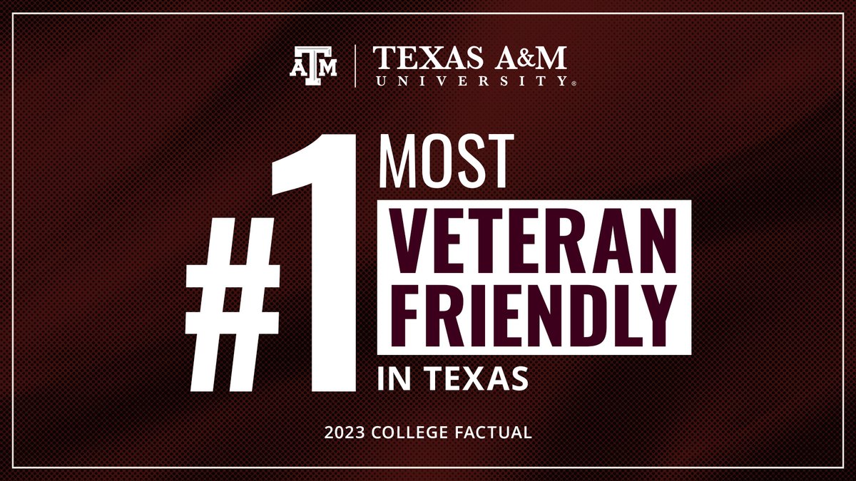 TAMU's tweet photo. Texas A&M is ranked the #1 most veteran-friendly school in Texas and #4 in the U.S.!

We offer education programs backed by strong support systems for veterans and active service members. With a welcoming veteran community, we’re dedicated to providing a top-tier education for those who’ve served our country. 

#AggieVeterans #SelflessService #MilitaryFriendly