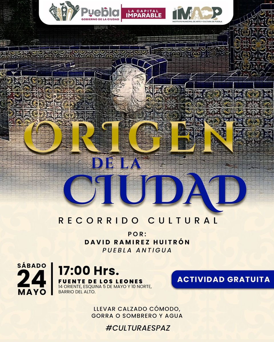 Mañana sábado #RecorridoCultural Cita: en la Fuente de los Leones de un se ubica en el Blvd héroes del 5 de mayo y 10 norte, a las 5:00 de la tarde.

#PueblaAntigua