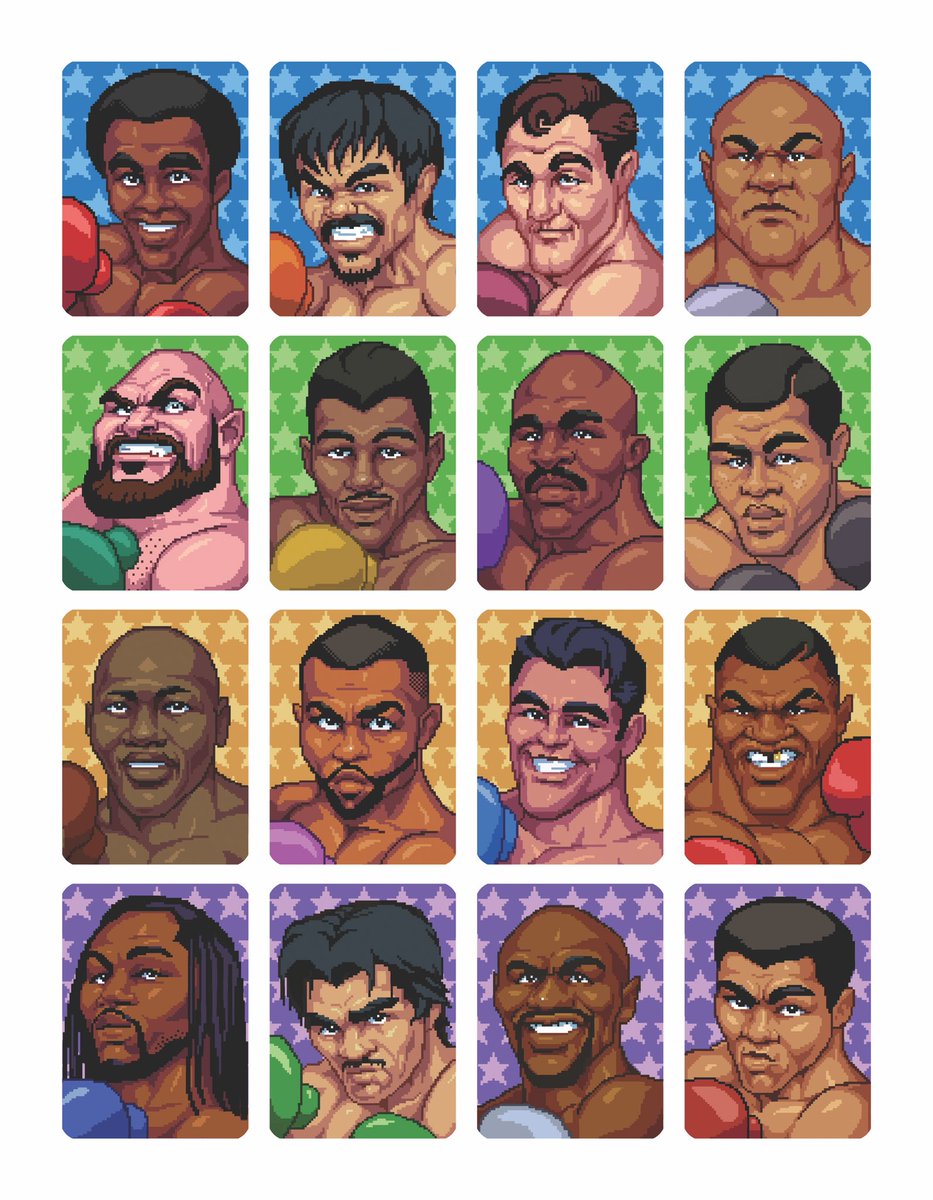 ianklarer's tweet photo. Punchout!! Legends of Boxing. 16 pixel illustrations of some of my favorite boxers . #rayleonard #pacquiao #rockymarciano #georgeforeman #tysonfury #rayrobinson #holyfield #joelouis #jackjohnson #royjonesjr #oscardelahoya #miketyson #LennoxLewis #Duran#Mayweather #MuhammadAli https://t.co/WjOXPggV8d