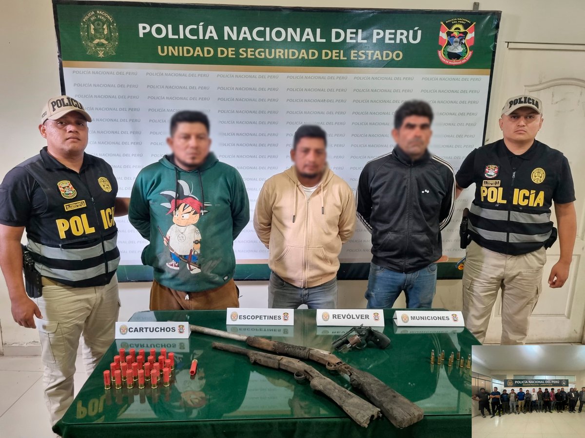 RegPolLamb's tweet photo. #Picsi🚨| Agentes de la Unidad de Seguridad del Estado, intervinieron a 18 sujetos inmersos en la presunta comisión de delito de usurpación agravada. Durante la intervención se incautó dos escopetas, un revolver, más de 30 municiones, cuatro vehículos menores y un automóvil. https://t.co/Hh92mo6gQG