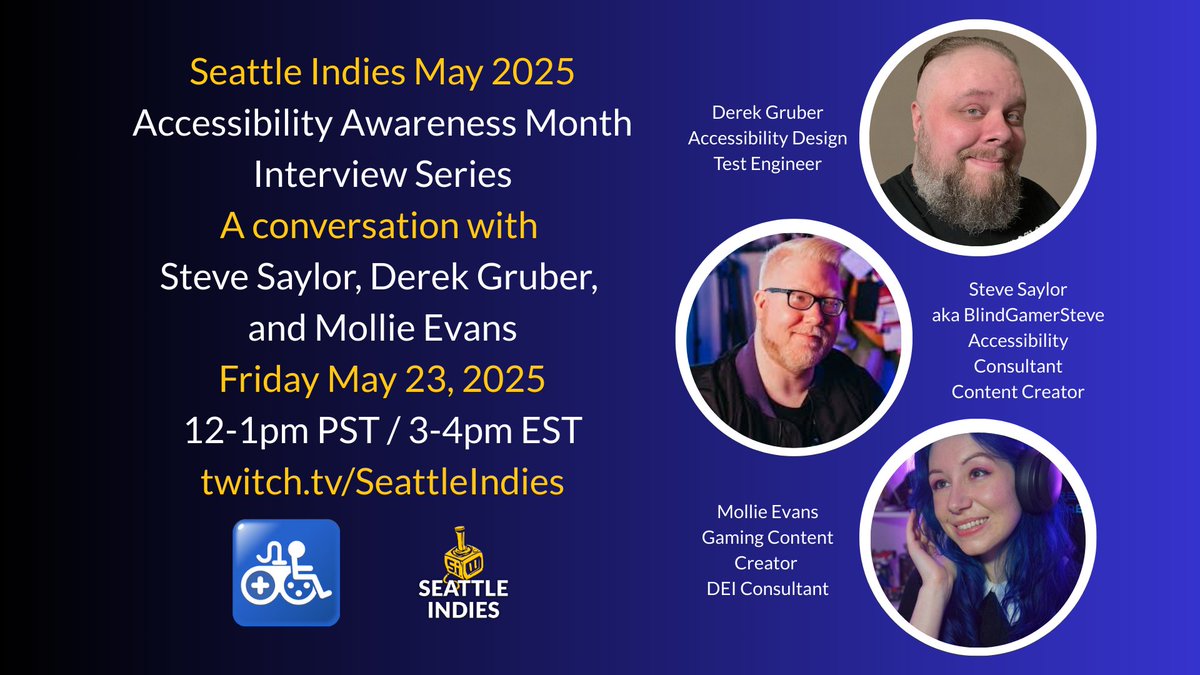Seattle Indies (@seattleindies) on Twitter photo Join us in just under an hour on twitch.tv/seattleindies as we close out our series of Accessibility Awareness Month events with a discussion featuring <a href="/stevesaylor/">Steve Saylor</a>, <a href="/littlemotac_/">Mollie Evans ๐ Develop๐ชซโจ</a> , and Derek Gruber. #Accessibility #Gamedev Join us in just under an hour on twitch.tv/seattleindies as we close out our series of Accessibility Awareness Month events with a discussion featuring <a href="/stevesaylor/">Steve Saylor</a>, <a href="/littlemotac_/">Mollie Evans ๐ Develop๐ชซโจ</a> , and Derek Gruber. #Accessibility #Gamedev