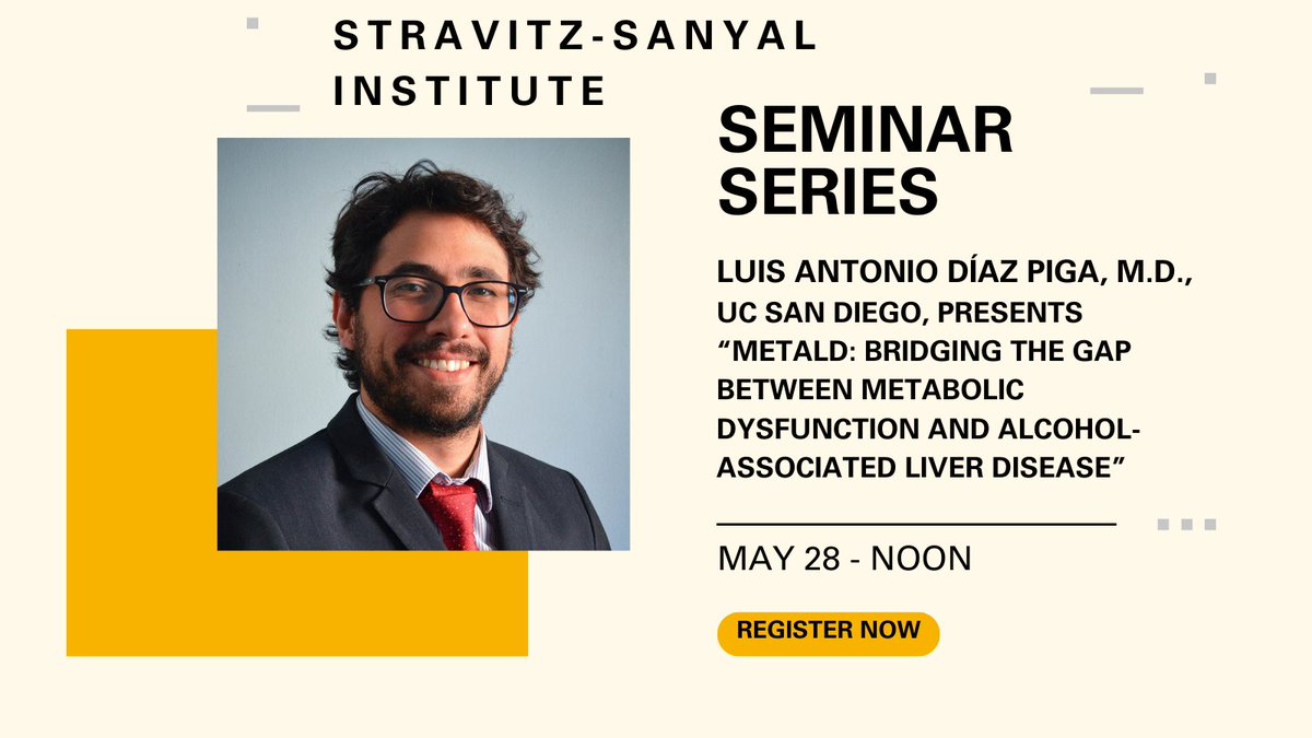 VCU Stravitz-Sanyal Institute for Liver Disease (@vcu_liver) on Twitter photo Join us May 28 for a presentation by <a href="/LuisAntonioDiaz/">Luis Antonio Díaz, MD</a>, of
UC San Diego, on “MetALD: Bridging the Gap Between Metabolic Dysfunction and Alcohol-Associated Liver Disease.” Register at bit.ly/3GKSB5O #livertwitter Join us May 28 for a presentation by <a href="/LuisAntonioDiaz/">Luis Antonio Díaz, MD</a>, of
UC San Diego, on “MetALD: Bridging the Gap Between Metabolic Dysfunction and Alcohol-Associated Liver Disease.” Register at bit.ly/3GKSB5O #livertwitter