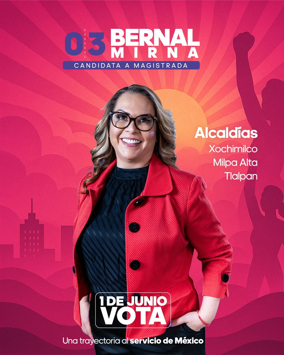 ¿Estás lista para una justicia con rostro humano? 

Si vives en Xochimilco, Tlalpan y Milpa Alta ¡Vota 03 en la boleta rosa! 

#B3RNAL #ConstruyendoJusticia #BoletaRosa
#Xochimilco #Magistrada #JuristasPorLaTransformación #ElecciónJudicial
