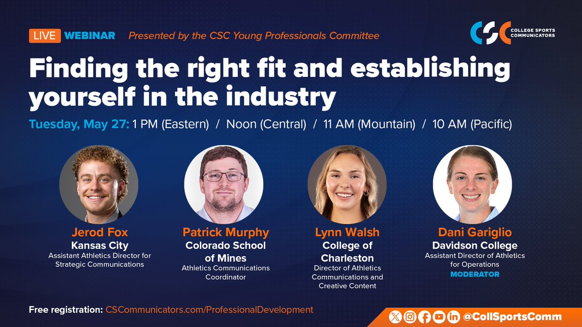 Register now! - An engaging webinar designed for young professionals in college athletics that will explore how to identify the right career opportunities for you and how to build a strong foundation in the industry.

Connect with peers who are also charting their paths in