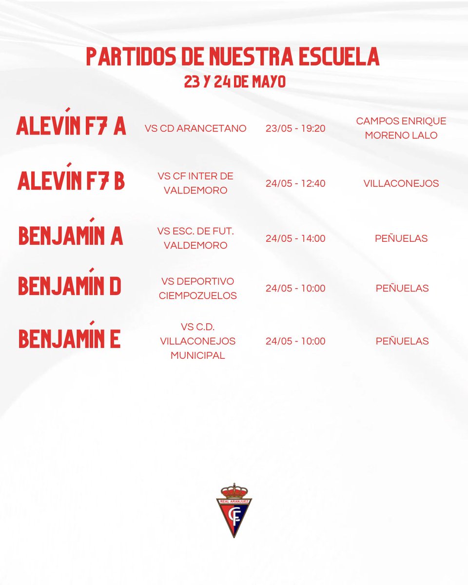 🗓️ Los horarios de nuestra cantera y escuela para este fin de semana

#VamosAranjuez #OrgulloRibereño