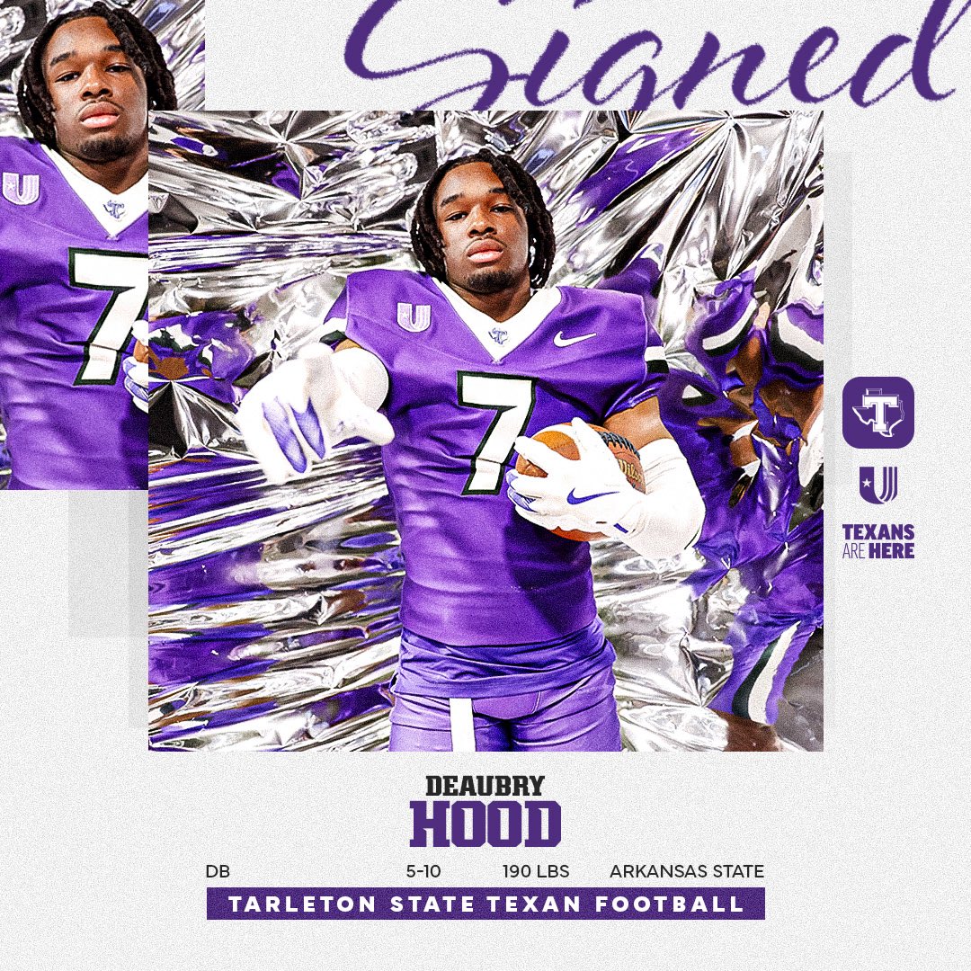 Tarleton State Football (@tarletonfb) on Twitter photo We’ve signed a three-star prospect transferring in from Arkansas State, defensive back Deaubry Hood! ⭐️
Welcome <a href="/DeaubryH/">Deaubry Hood</a>!
Story: tinyurl.com/3u5stjfn We’ve signed a three-star prospect transferring in from Arkansas State, defensive back Deaubry Hood! ⭐️
Welcome <a href="/DeaubryH/">Deaubry Hood</a>!
Story: tinyurl.com/3u5stjfn