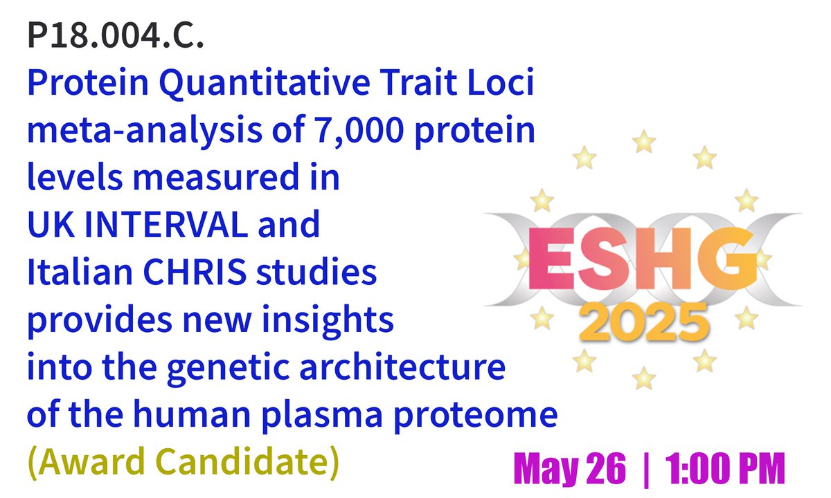 Dariush Ghasemi (@dariush_ghasemi) on Twitter photo We are presenting our protein QTLs discoveries at #ESHG2025
#Poster P18.004.C. | May 26 | 1:00PM
This project is led by a our great team manager Solène Cadiou at <a href="/humantechnopole/">Human Technopole</a> in collaboration with Cambridge Univ. and <a href="/EuracBiomed/">Biomedicine - Eurac Research</a> We are presenting our protein QTLs discoveries at #ESHG2025
#Poster P18.004.C. | May 26 | 1:00PM
This project is led by a our great team manager Solène Cadiou at <a href="/humantechnopole/">Human Technopole</a> in collaboration with Cambridge Univ. and <a href="/EuracBiomed/">Biomedicine - Eurac Research</a>