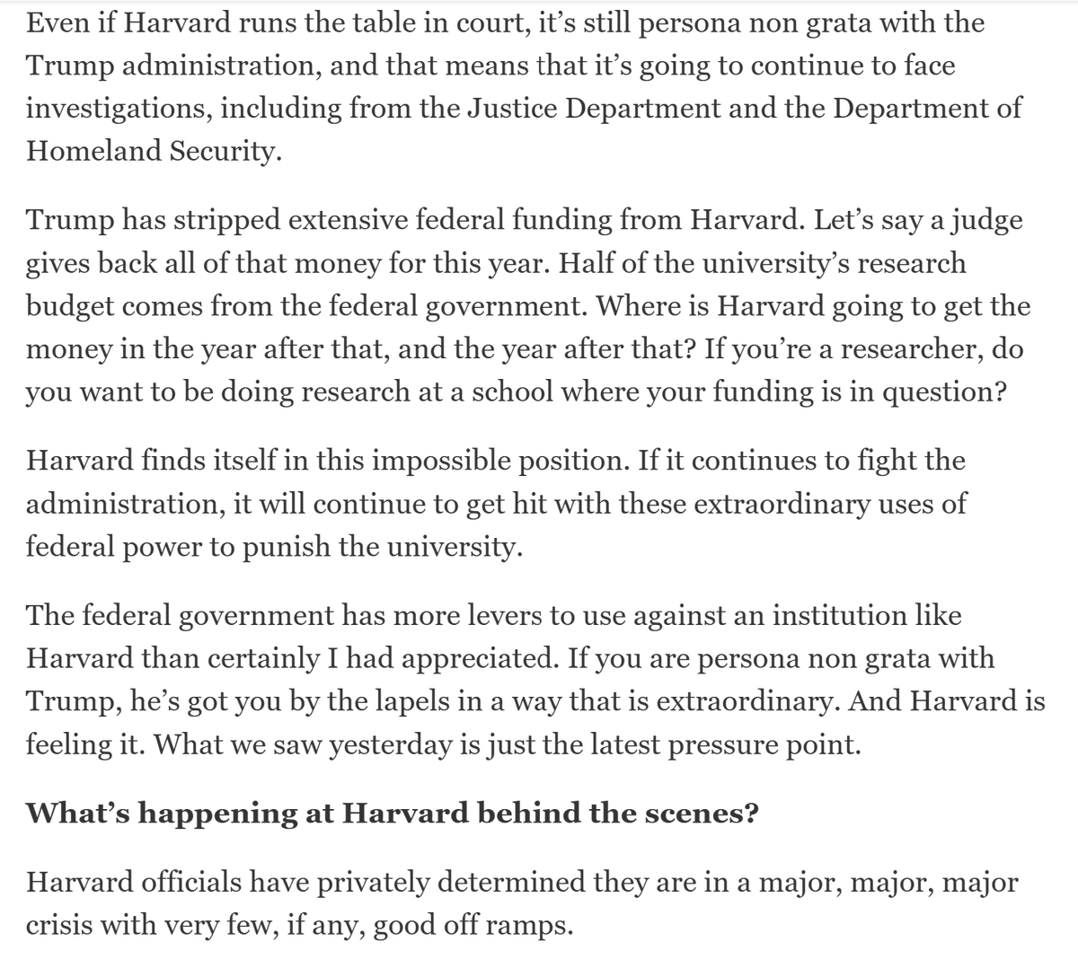 wesyang's tweet photo. NYT reporter explains how the Trump Administration holds all the cards in its showdown with Harvard University.
"Harvard officials have privately determined they are in a major, major, major crisis with very few, if any, good off ramps." https://t.co/weYqwZX9uG