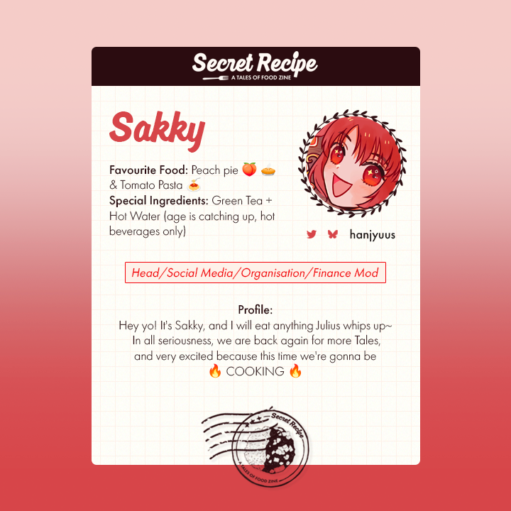 talesfanzine's tweet photo. 👩‍🍳 MOD SPOTLIGHTS 🍛

Introducing the folks that have gathered together in the kitchen for Secret Recipe! As a team we've completed not only Vol. 1 of this project but also @shezdiary, and we'll do our best to curate a meal featuring all the food best suited to your tastes ✨ https://t.co/hoQoi5mmFS