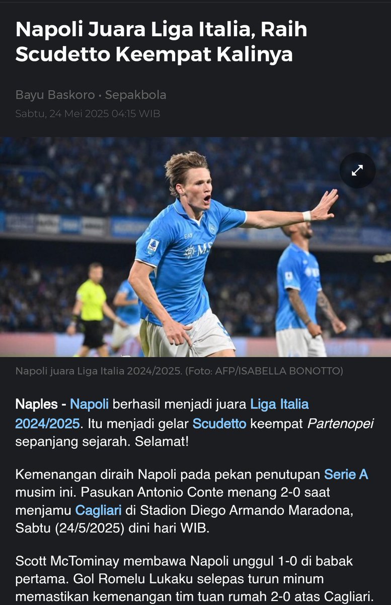 DwiAsept's tweet photo. Musim lalu, Napoli tenggelam di peringkat 10.
Musim ini, mereka jadi raja Serie A.
Dengan satu poin saja yang memisahkan dari Inter Milan, Napoli juara Liga Italia 2024–2025.
Dan di balik angka itu, ada cerita tentang kebangkitan, strategi, dan semangat pantang menyerah.
[THREAD] https://t.co/7nBr6Ux7AY