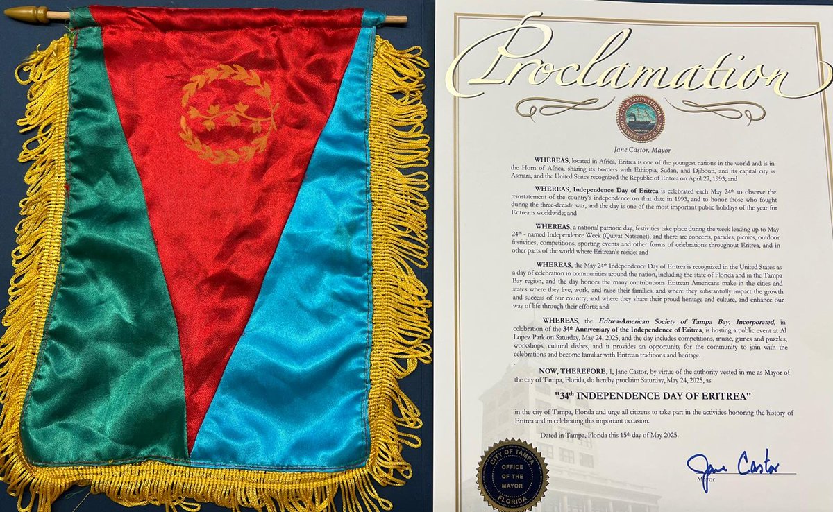Thank you to Mayor Jane Castor and the City of Tampa for issuing a proclamation in honor of Eritrean Independence Day! We're grateful for the recognition of the Eritrean-American community and its contributions. #Eritrea #IndependenceDay #tampaflorida