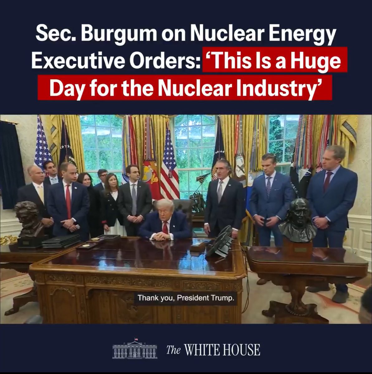 Nuclear Hazelnut 👷🏻♀️ (@nuclearhazelnut) on Twitter photo BREAKING 🚨🇺🇸 Trump just signed four executive orders to supercharge U.S. nuclear energy.
Live from the Oval Office, he called nuclear:
“a hot industry… very safe & environmental.”
Here’s what just changed:
•NRC has 18 months (max) to approve reactor licenses
•New reactors BREAKING 🚨🇺🇸 Trump just signed four executive orders to supercharge U.S. nuclear energy.
Live from the Oval Office, he called nuclear:
“a hot industry… very safe & environmental.”
Here’s what just changed:
•NRC has 18 months (max) to approve reactor licenses
•New reactors