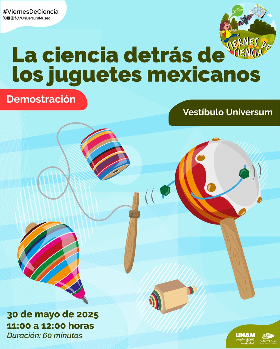 Ven y descubre la física que explica el funcionamiento de los juguetes mexicanos 🇲🇽 y realiza dos artefactos voladores que podrás llevar a casa. 🤓
Consulta la programación completa del #ViernesDeCiencia:
bit.ly/4krlWR7