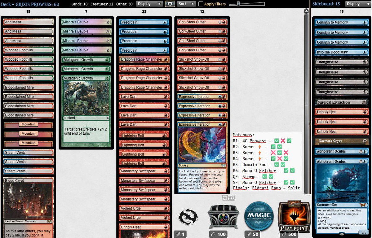 Just won (split) the Modern Challenge with Grixis Prowess!!!
Casting Bauble, DRC, and IE all day felt absolutely great ☺️

As usual, decklist in ALT and matchups in the pic!