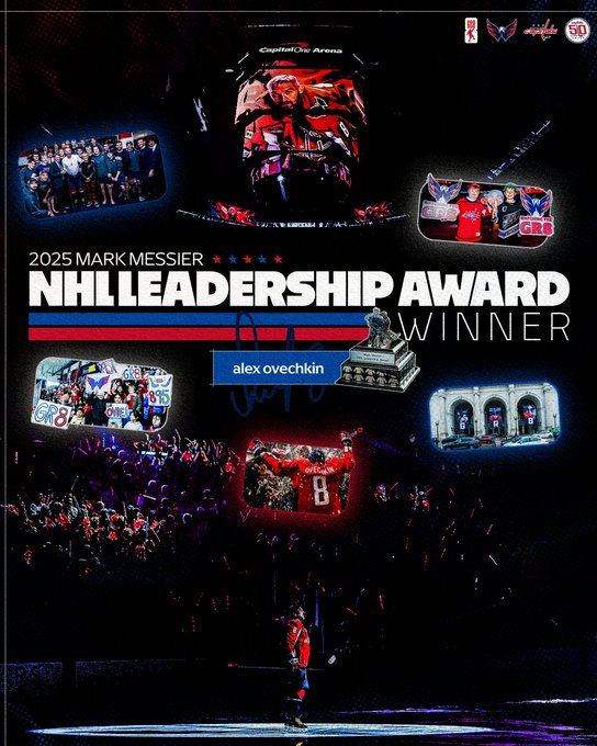 A graphic recognizing Alex Ovechkin as the recipient of the 2025 Mark Messier NHL Leadership Award.