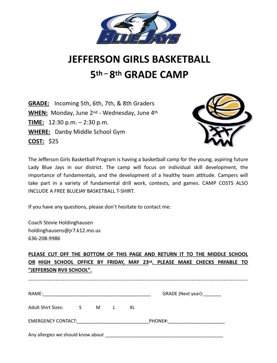 Camp information for grades 5th-12th. If anyone is interested you can email Coach Holdinghausen. We look forward to seeing everyone this summer!