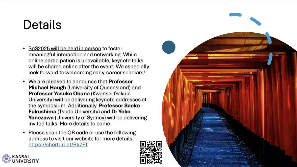 🚨 Sociopragmatics Symposium 2025 (SpS2025) 🚨 
A forum for scholarly exchange on language, culture, and interaction, with a regional focus on East Asia.
🔗 shorturl.at/Rk7FT
📢 Please share this announcement with colleagues and networks!