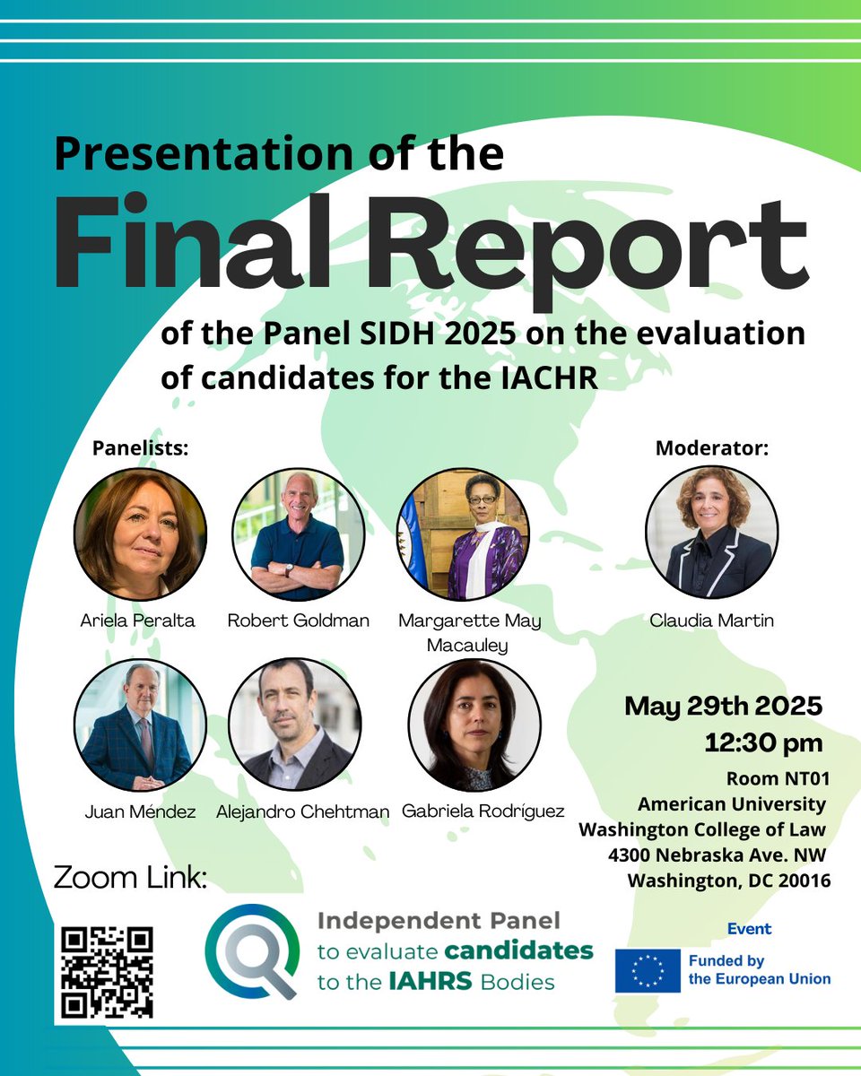 Panel Independiente (@panelsidh) on Twitter photo 📢 Save the date!
The <a href="/PanelSIDH/">Panel Independiente</a> will present the final report on the evaluation of candidates for the three upcoming vacancies at the <a href="/CIDH/">CIDH - IACHR</a> opening later this year.
🗓 May 29
🕧 12:30 p.m. (local time)
📍 In person: <a href="/AUWCL/">American University Washington College of Law</a>
💻 Virtual: auwcl.zoom.us/j/94439490662?…
#IACHR #OAS 📢 Save the date!
The <a href="/PanelSIDH/">Panel Independiente</a> will present the final report on the evaluation of candidates for the three upcoming vacancies at the <a href="/CIDH/">CIDH - IACHR</a> opening later this year.
🗓 May 29
🕧 12:30 p.m. (local time)
📍 In person: <a href="/AUWCL/">American University Washington College of Law</a>
💻 Virtual: auwcl.zoom.us/j/94439490662?…
#IACHR #OAS