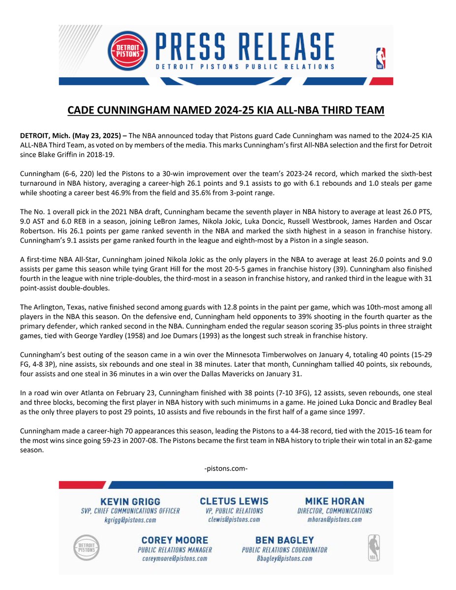 Pistons_PR's tweet image. The NBA announced today that Pistons guard Cade Cunningham was named to the 2024-25 KIA All-NBA Third Team.