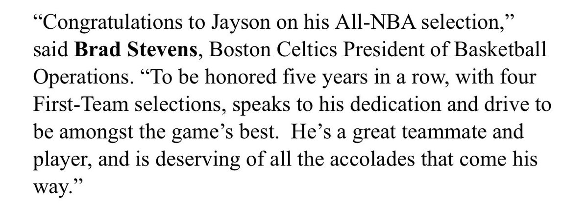 NoaDalzell's tweet image. Brad Stevens on Jayson Tatum’s fifth All-NBA selection: