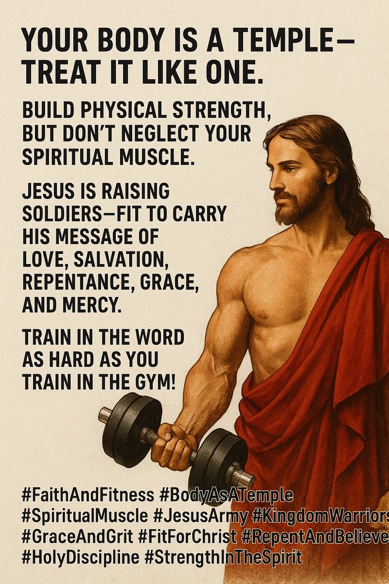 Your body is a temple—treat it like one.
Build physical strength, but don’t neglect your spiritual muscle.
Jesus is raising soldiers—fit to carry His message of love, salvation, repentance, grace, and mercy.
Train in the Word as hard as you train in the gym!

#FaithAndFitness