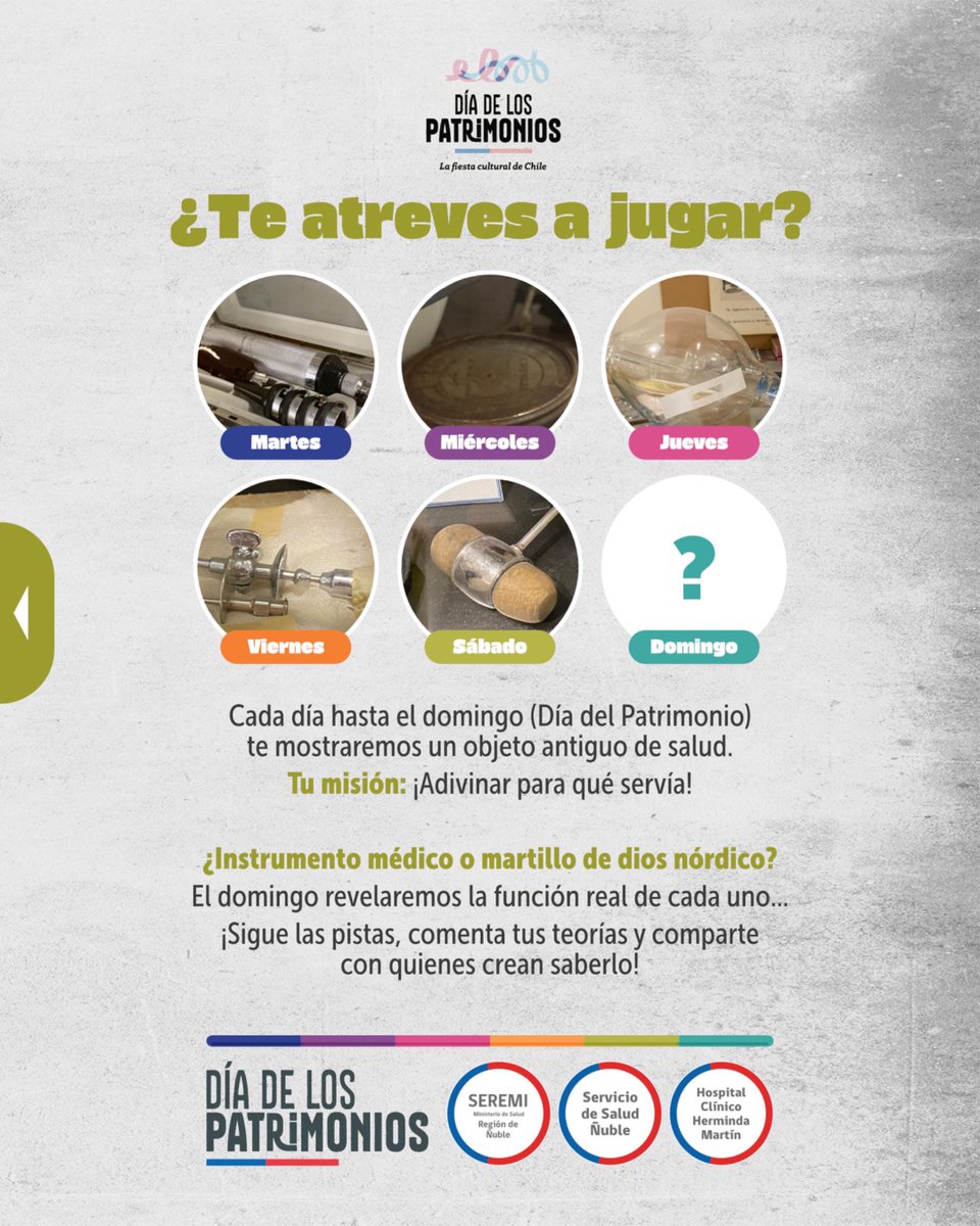 ¡Celebra del #DiadelosPatrimonios con nosotros‼️



Sigue participando en nuestra trivia patrimonial en salud, donde hemos recordado antiguos implementos que fueron clave en los procesos de atención.

👀 Observa bien… ¿Sabes para qué se utilizaba?