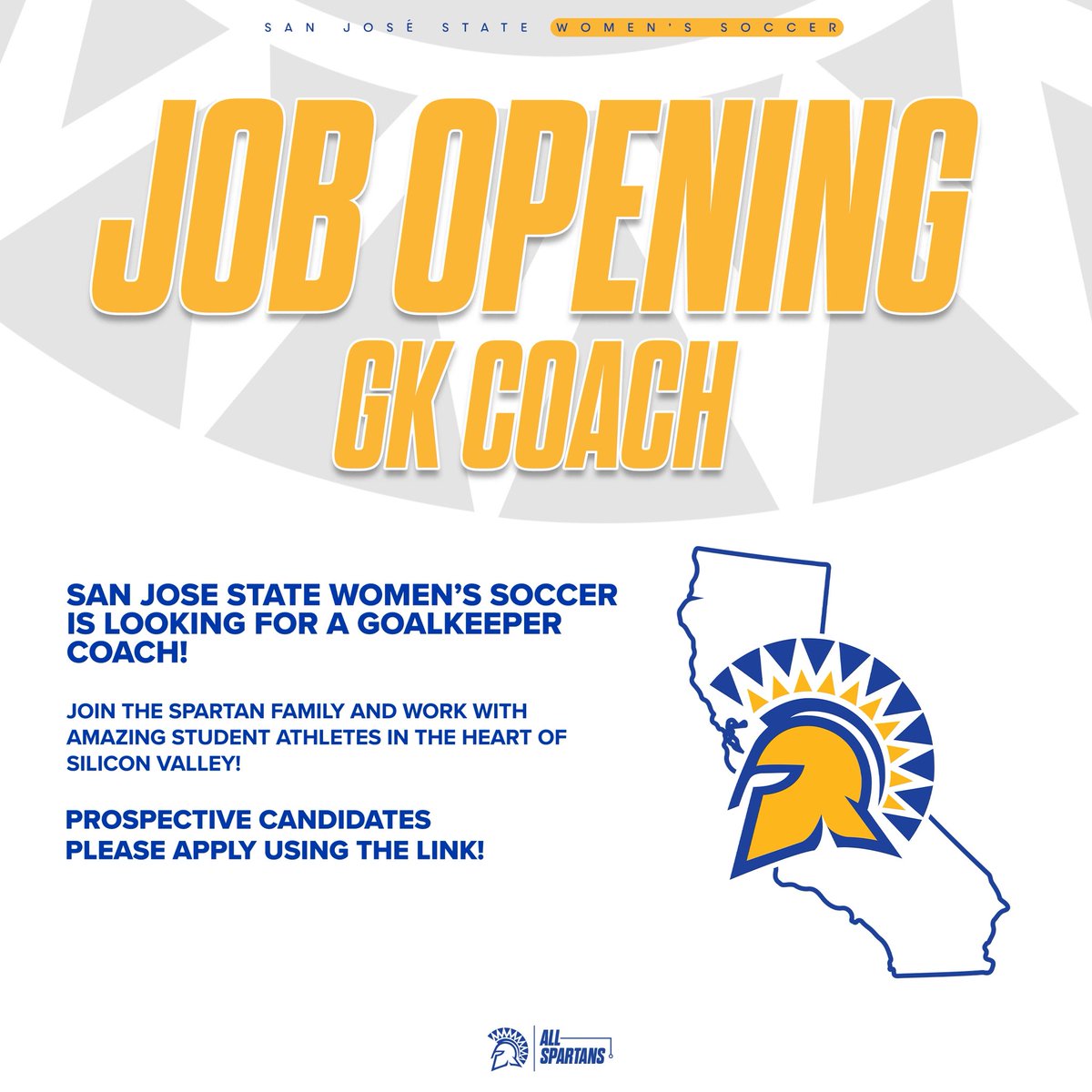 sjsuwsoc's tweet image. Job Opening for a Goalkeeper Coach!
APPLY TODAY: jobs.sjsu.edu/en-us/job/5484…