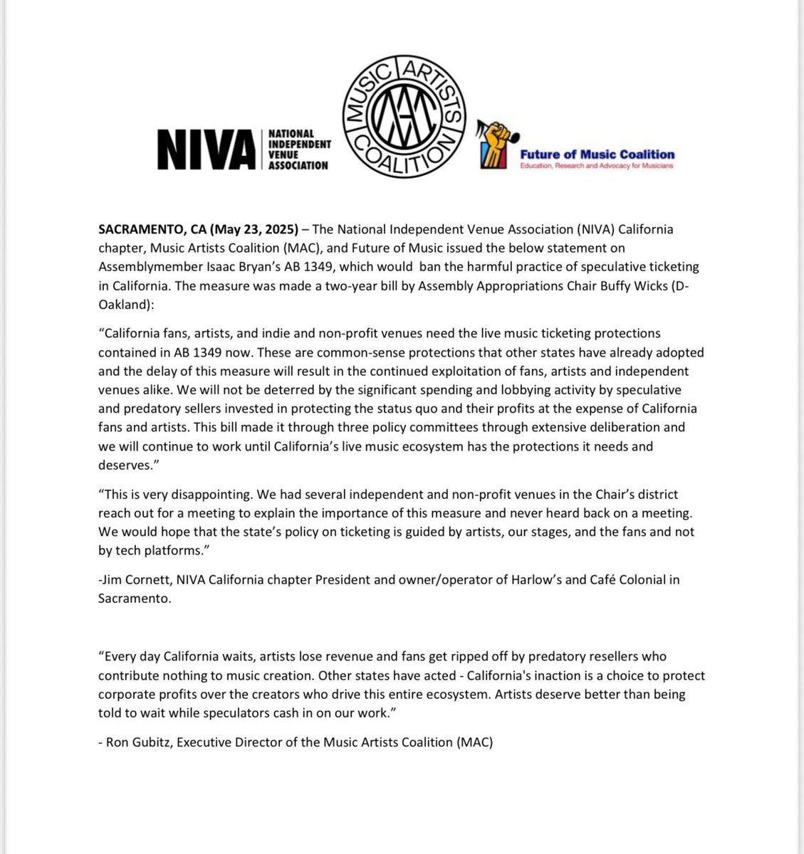 nivacalifornia's tweet image. We are disappointed alongside @MAC to see AB1349 made a 2yr. bill by Asm. Appropriations Chair @BuffyWicks. This bill has been discussed in 3 policy committees-the consumer protections contained are needed by the live music ecosystem now! Thank you @isaacbryann for the leadership