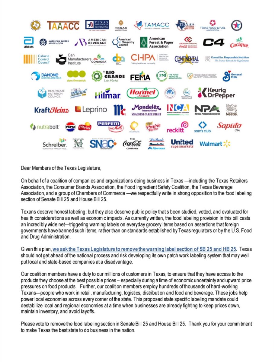 Food industry in full freak out mode against #MAHA #Texas health bill - Wow stunning letter. Our health is being decimated and they are fighting against warning labels.