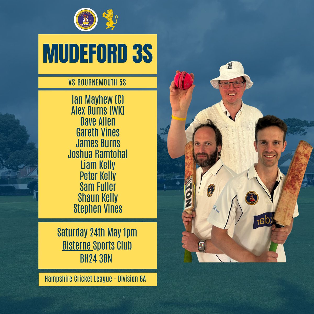 🚨 TEAM NEWS 🚨

Mudeford 1st XI vs Parley 2nd XI
Bransgore 1st XI vs Mudeford 2nd XI
Mudeford 3rd XI vs Bournemouth 5th XI

All matches start at 1pm

#cricket #cricketclub
#cricketlovers #crickettraining #local #localcricket #mudeford #UpTheMuddies #Seasiders