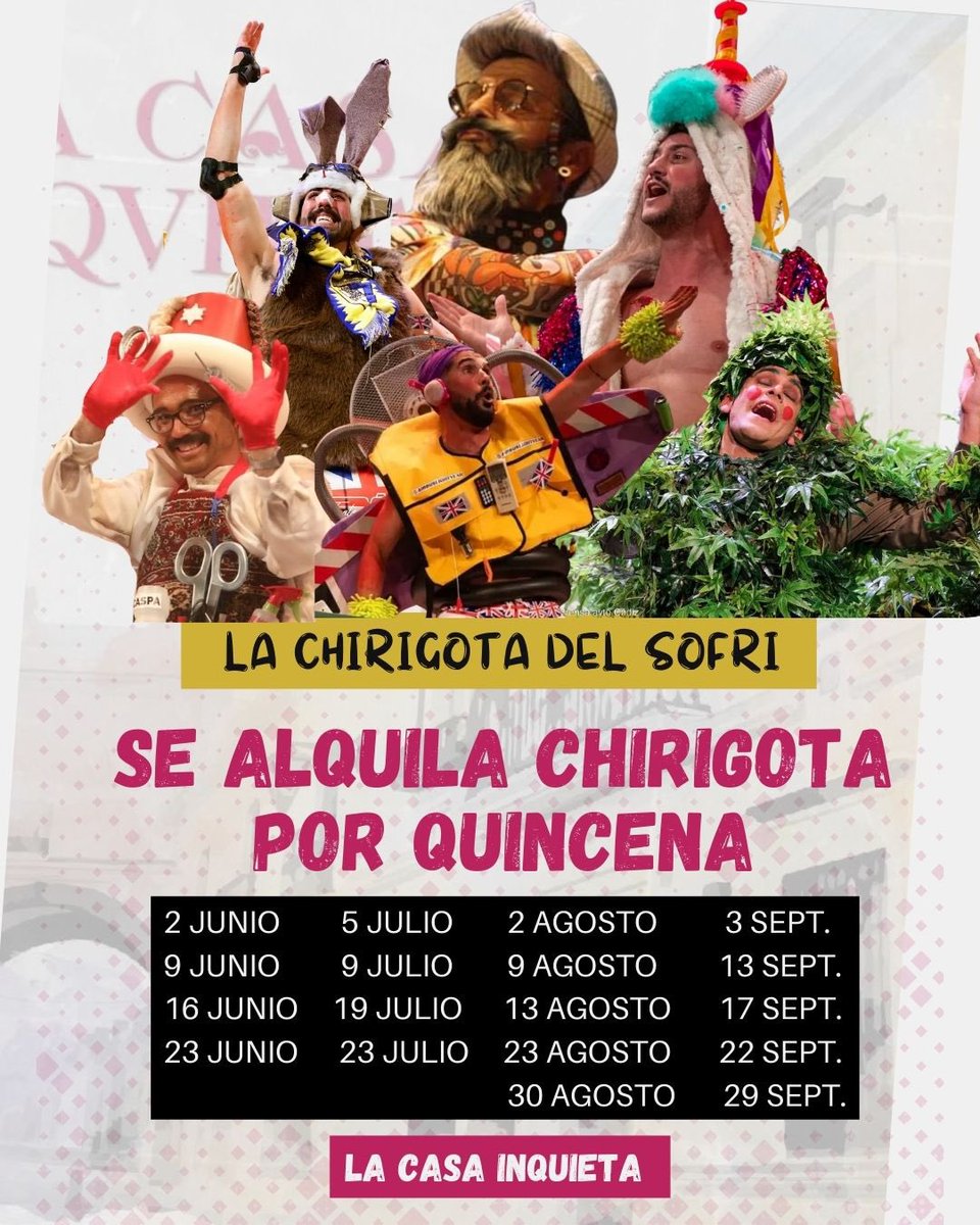 🏖️ SE ALQUILA CHIRIGOTA POR QUINCENA 📆

Volvemos este verano a la cuna de la cultura y buen ambiente en las noches de Conil.

Durante todo el verano a las 22:30h, esperamos que disfrutéis de las aventuras de estos turistas que coinciden de vacaciones en la costa gaditana.