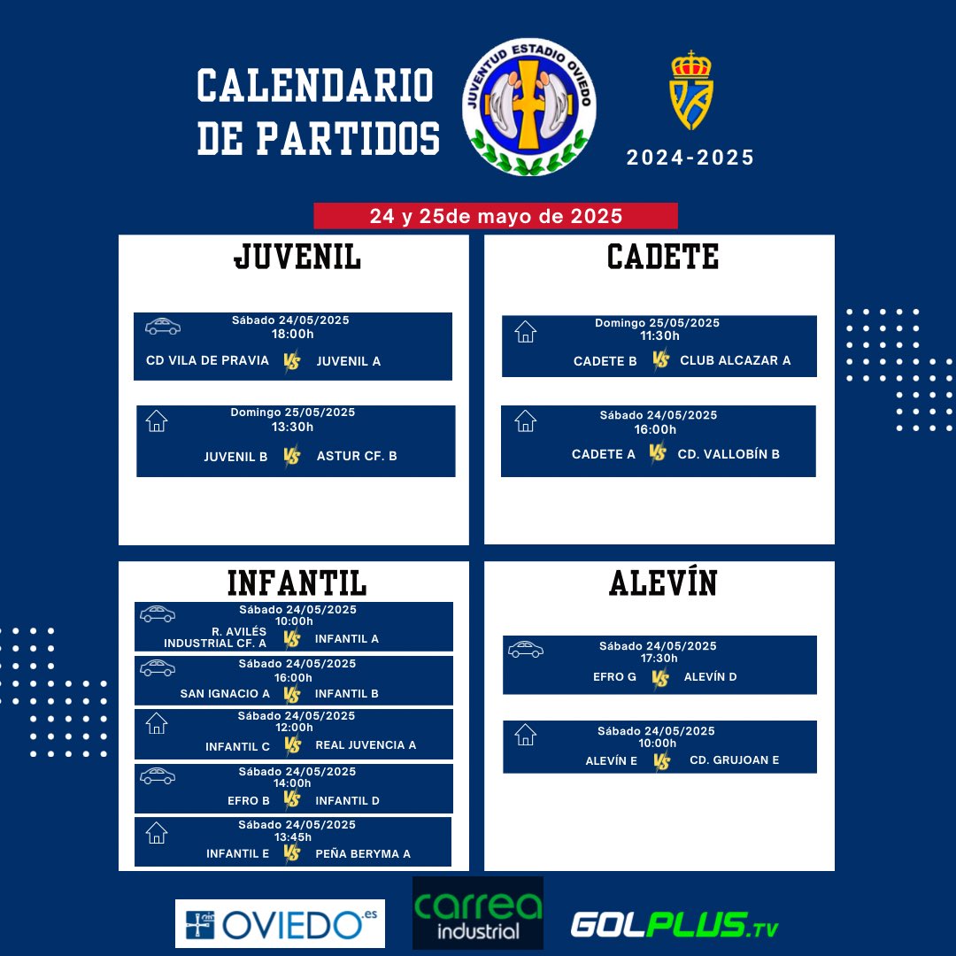 🗓️⌚️𝗛𝗢𝗥𝗔𝗥𝗜𝗢𝗦 𝗗𝗘 𝗣𝗔𝗥𝗧𝗜𝗗𝗢𝗦 𝗘𝗡 𝗖𝗔𝗠𝗣𝗢!!! ⚪️🔵 

Finde 24 y 25 mayo de 2025 ⚽️

#123Estadio💙
#Fútbol8 #Fútbol11 #FútbolBase
#Fútbolcomoestilodevida 👇👇