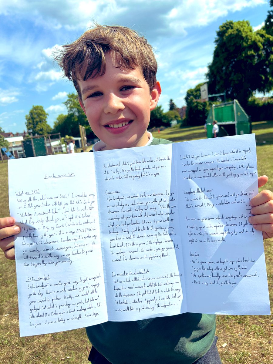 BawtryMayflower's tweet photo. Now that SATs are officially over, Year 6 have produced a guide to help anyone in the future survive SATs week! Max made all the adults giggle with his very honest account. @educationgovuk take note!!! #writingforpurpose #proud @DoncasterRwm https://t.co/iDJJyeP5xf
