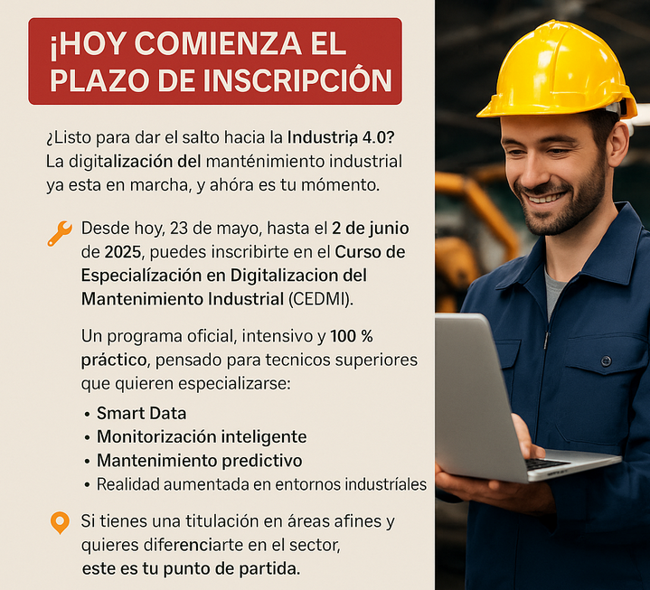 cipfpfaitanar's tweet photo. INSCRIPCIÓ EN EL CURS D´ESPECIALITZACIÓ EN DIGITALITZACIÓ DEL MANTENIMENT INDUSTRIAL (CEDMI). 

Tienes hasta el 2 de Junio para formalizar la inscripción.

La  información relativa al proceso la puedes consultar en este enlace  https://t.co/pSVbYOHv3L https://t.co/ZrmqYbgmlQ