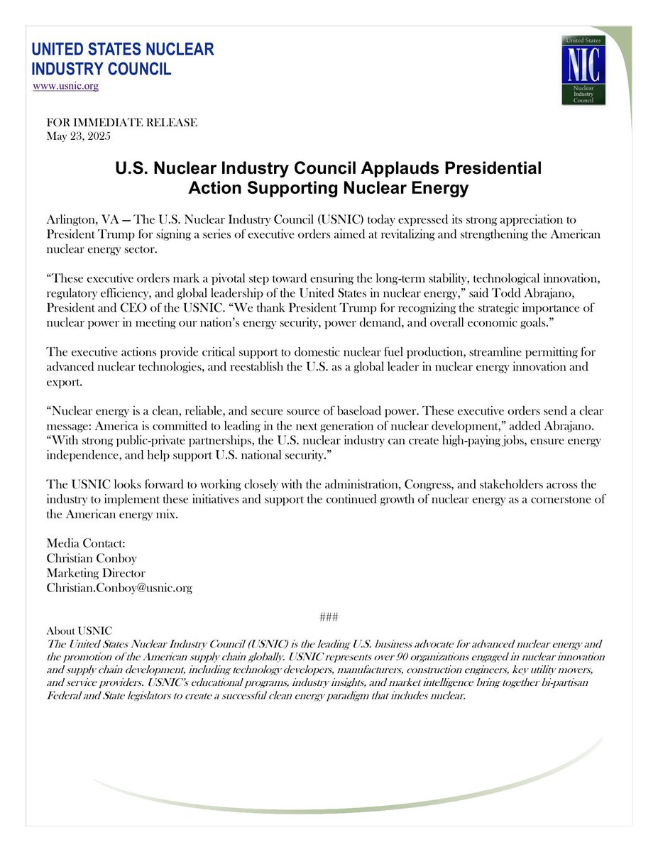 Thank you, President Trump, for your steadfast support of new nuclear!

It's time to focus on building new reactors, both large and small, to power America and beyond!

See the full USNIC Statement below. ⬇️