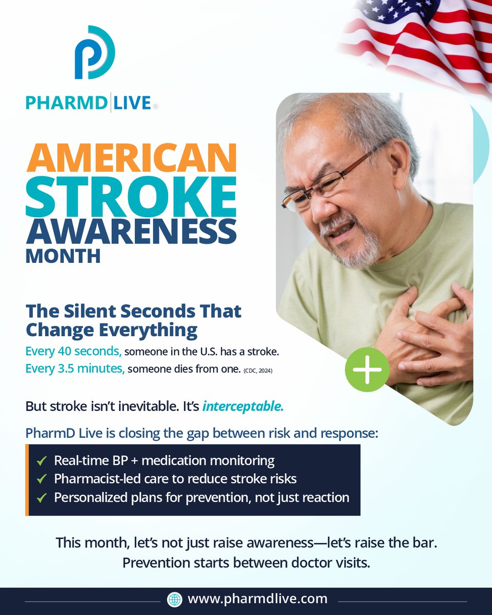 ccnwaubani's tweet photo. Every 40 seconds, someone in the U.S. has a stroke. 
Every 3.5 minutes, someone dies from one. 
PharmD Live partners with primary care teams to prevent strokes through real-time monitoring, pharmacist-led support &amp; proactive care between visits. 
#StrokeAwarenessMonth #pharmdlive https://t.co/8cC8H0dYbe