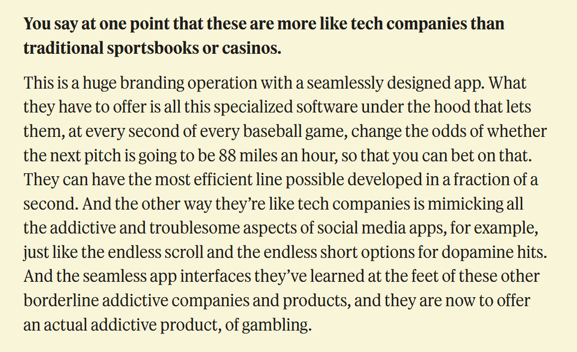 brendanruberry's tweet image. This week, I talked to @JonathanDCohen1 about his new book, "Losing Big," the first great book on the US sports betting boom.
We spoke about why he thinks FanDuel and DraftKings are more like tech companies than sportsbooks.