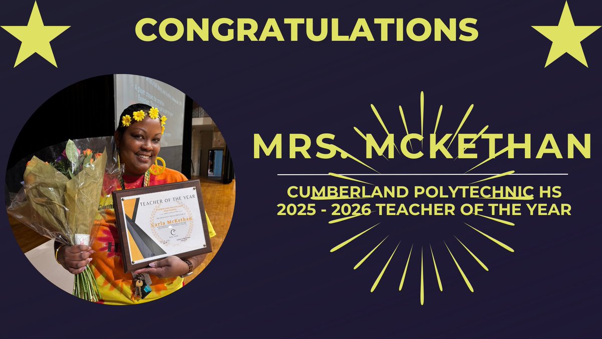 Cumberland Polytechnic High School (@cumberlandpoly) on Twitter photo 🎉✨ Exciting News! 🎉✨
We are thrilled to announce our 25/26 Teacher of the Year, Mrs. McKethan!
Mrs. McKethan is a phenomenal science teacher who goes above and beyond for our school and community! Congratulations, Mrs. McKethan! #TeacherOfTheYear <a href="/CumberlandCoSch/">Cumberland County Schools</a> 🎉✨ Exciting News! 🎉✨
We are thrilled to announce our 25/26 Teacher of the Year, Mrs. McKethan!
Mrs. McKethan is a phenomenal science teacher who goes above and beyond for our school and community! Congratulations, Mrs. McKethan! #TeacherOfTheYear <a href="/CumberlandCoSch/">Cumberland County Schools</a>