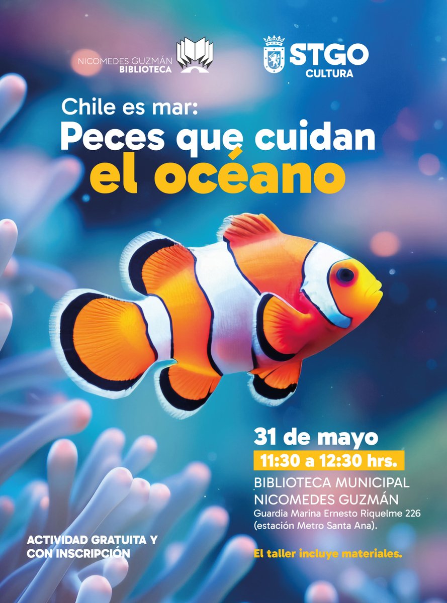 🌊¡Invitamos a niños y niñas a aprender sobre la vida en el mar y construir sus propios peces con materiales reciclados!

🟠 Fecha: 31 de mayo.
🟢 Horario: 11:30 a 12:30 horas.
🔵 Dirección: Ernesto Riquelme 226
🟣 Inscríbete en: santiagocultura.cl/explora-la-fau…