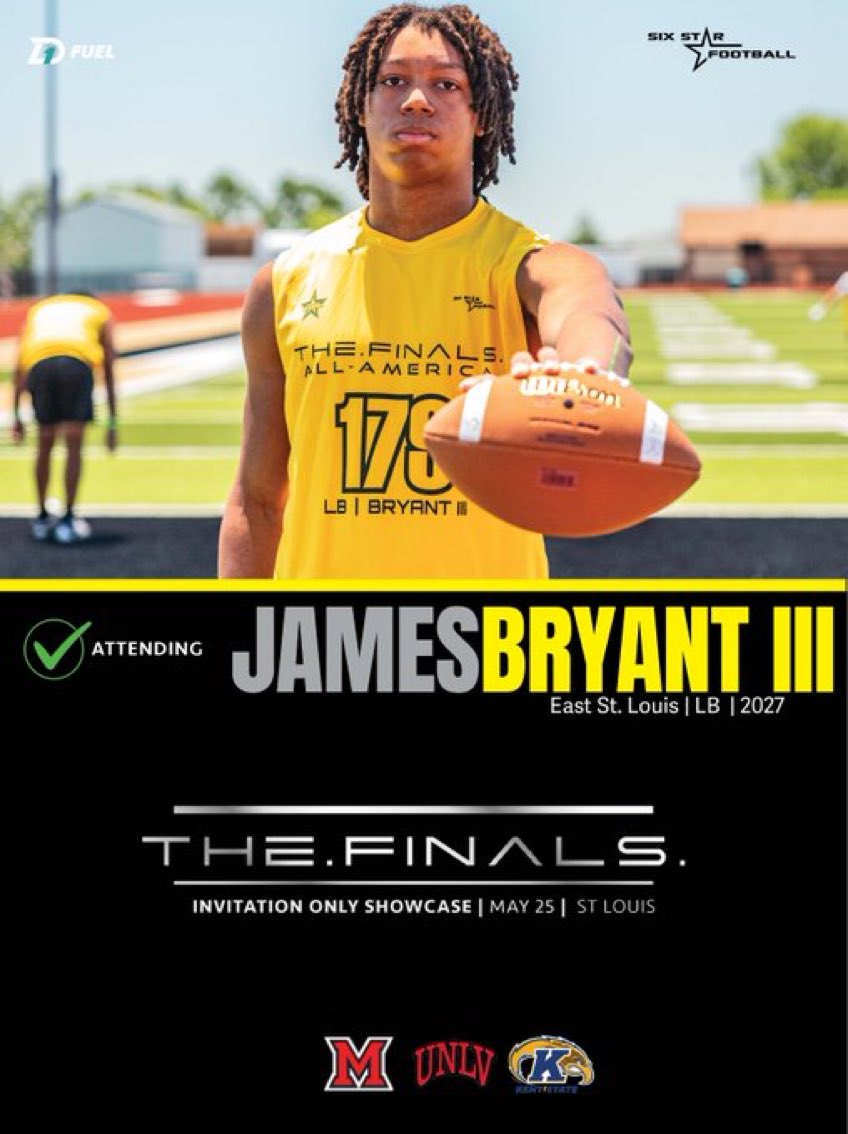 James “Booby” Bryant III C/O 2027 OLB/MLB (@jamesbryantiii) on Twitter photo I will be attending The Finals hosted by <a href="/sixstarfootball/">Six Star Football | PLUS+</a> on Sunday! Can’t wait to compete! I will be attending The Finals hosted by <a href="/sixstarfootball/">Six Star Football | PLUS+</a> on Sunday! Can’t wait to compete!