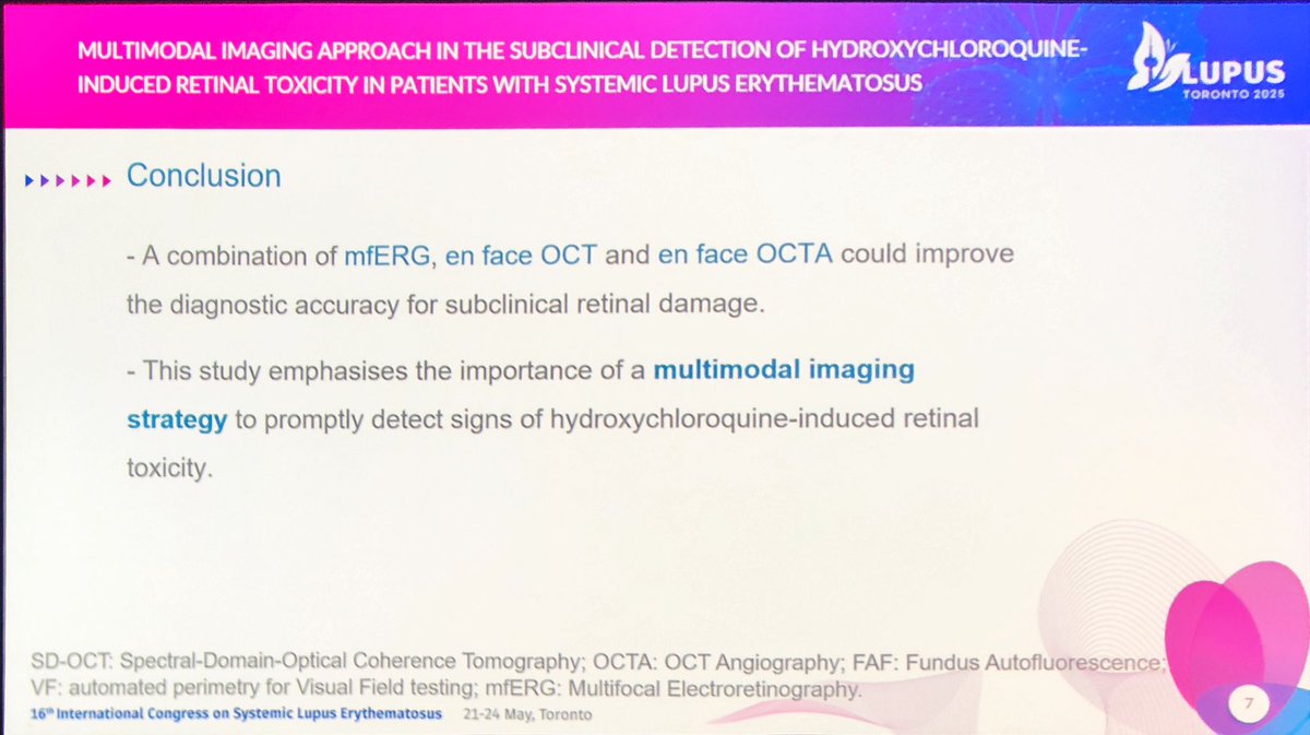Janetbirdope's tweet photo. Monitoring for #HCQ #retinal #toxicity 

2 tests beyond visual fields are better than 1 
OCT
Etc

But suggestion if low risk to do only every 5 yrs 
I don’t agree as risk ⬆️ w disease duration 

We do
Annual fields 
and either
OCT or retinal photography 

#LUPUS2025
@RheumNow https://t.co/TdPJ47jYEL