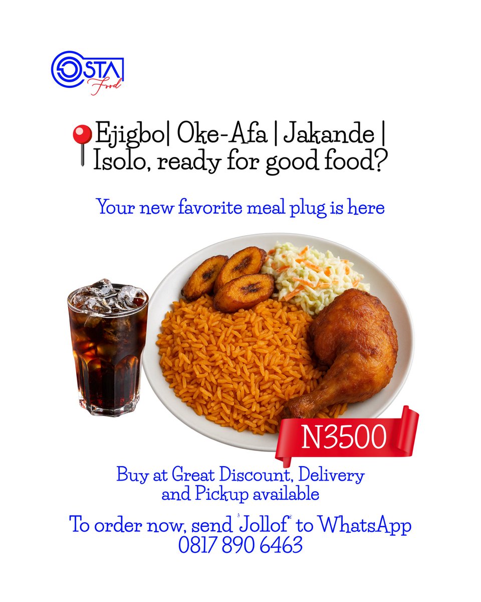 Lagos, come chop better food!
Ejigbo | Okeafa | Jakande and Isolo people, your food plug is finally here — OSTA Food delivers hot jollof, catfish BBQ, shawarma &amp; more!
Great Discounts. Big portions. Even bigger taste.

WhatsApp “Menu” to 08178906463 or call 09134829669