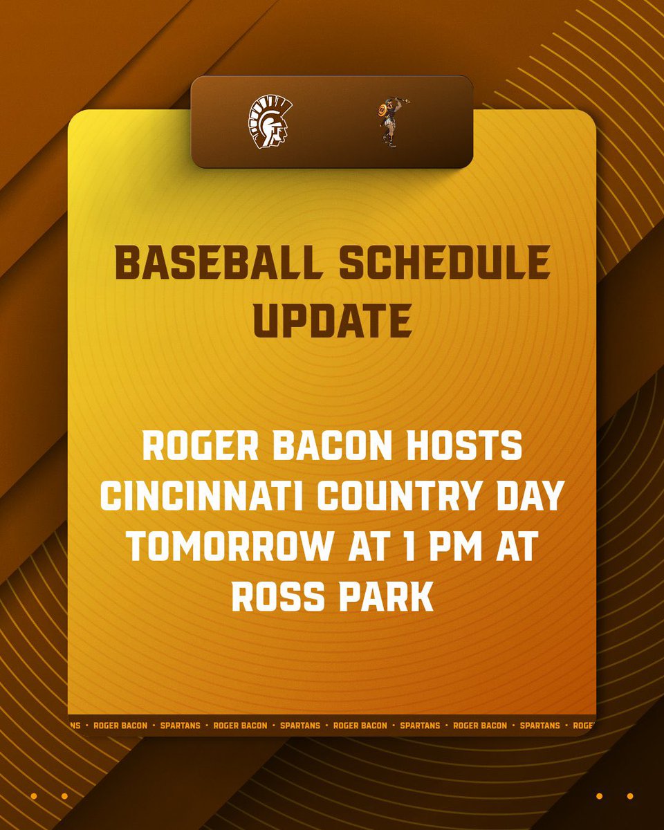 Roger Bacon Athletics (@rbspartans) on Twitter photo 🚨 <a href="/RBHS_Baseball/">Roger Bacon Baseball</a> has picked up a game for tomorrow, May 24th, at 1 PM at Ross Park.
The Spartans will face Cincinnati Country Day in a non-tournament matchup.
Roger Bacon Baseball will host Clinton Massie at Ross Park next Wednesday, May 28th, in the OHSAA Tournament at 5 🚨 <a href="/RBHS_Baseball/">Roger Bacon Baseball</a> has picked up a game for tomorrow, May 24th, at 1 PM at Ross Park.
The Spartans will face Cincinnati Country Day in a non-tournament matchup.
Roger Bacon Baseball will host Clinton Massie at Ross Park next Wednesday, May 28th, in the OHSAA Tournament at 5