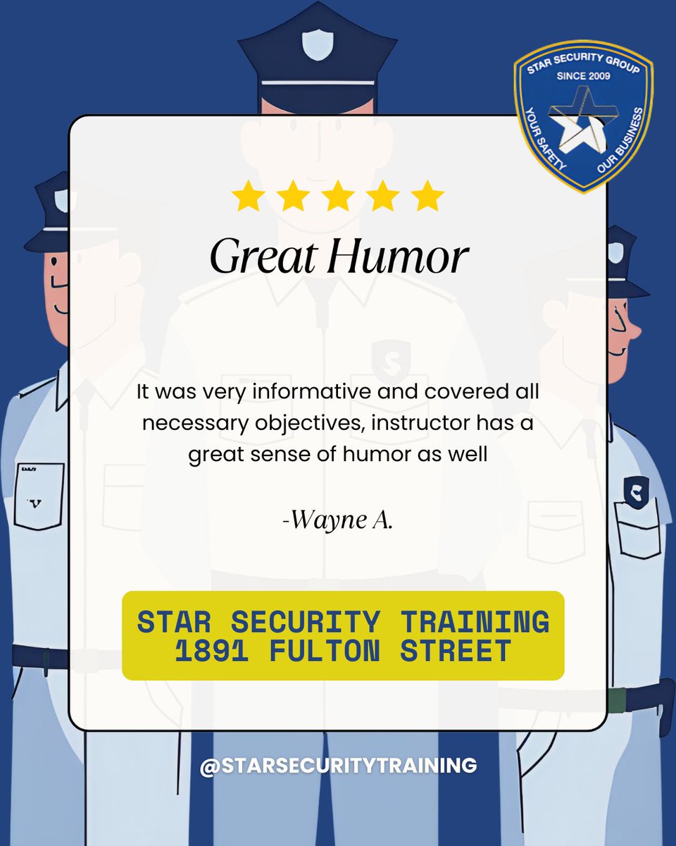 GuardTraining1's tweet photo. 💬 What are people saying about Star Security Training?

⭐️⭐️⭐️⭐️⭐️
“Highly Recommended!”
“Great Humor!”
“Totally Loved!”

Whether you're renewing your license or just starting out, our instructors are professional, knowledgeable, and make learning enjoyable. https://t.co/BpbbEKh8Gg