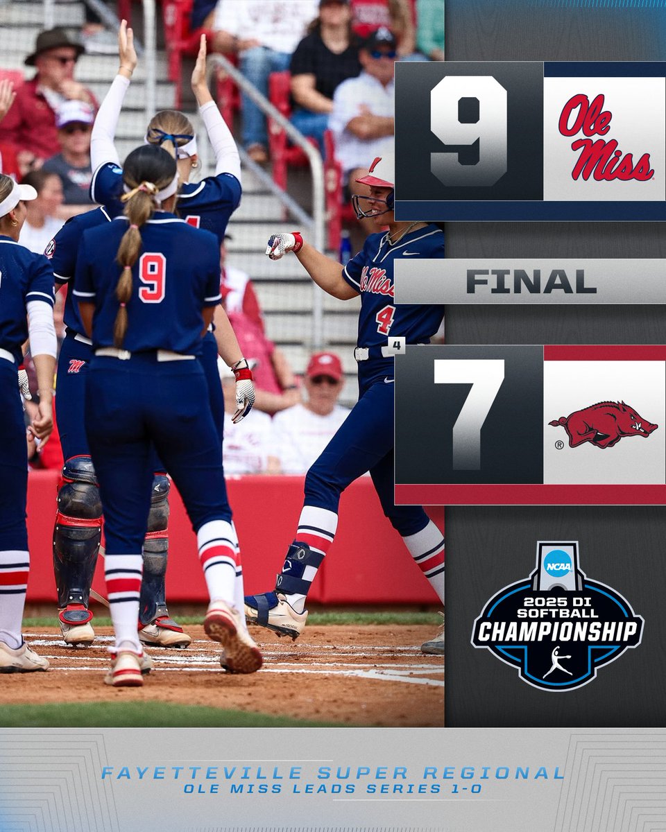 NCAA Softball (@ncaasoftball) on Twitter photo THE REBS TAKE GAME 1️⃣ 🎉
<a href="/OleMissSoftball/">Ole Miss Softball</a> defeats (4) Arkansas, 9-7, to take game one of the Fayetteville Super Regional!
#RoadToWCWS THE REBS TAKE GAME 1️⃣ 🎉
<a href="/OleMissSoftball/">Ole Miss Softball</a> defeats (4) Arkansas, 9-7, to take game one of the Fayetteville Super Regional!
#RoadToWCWS