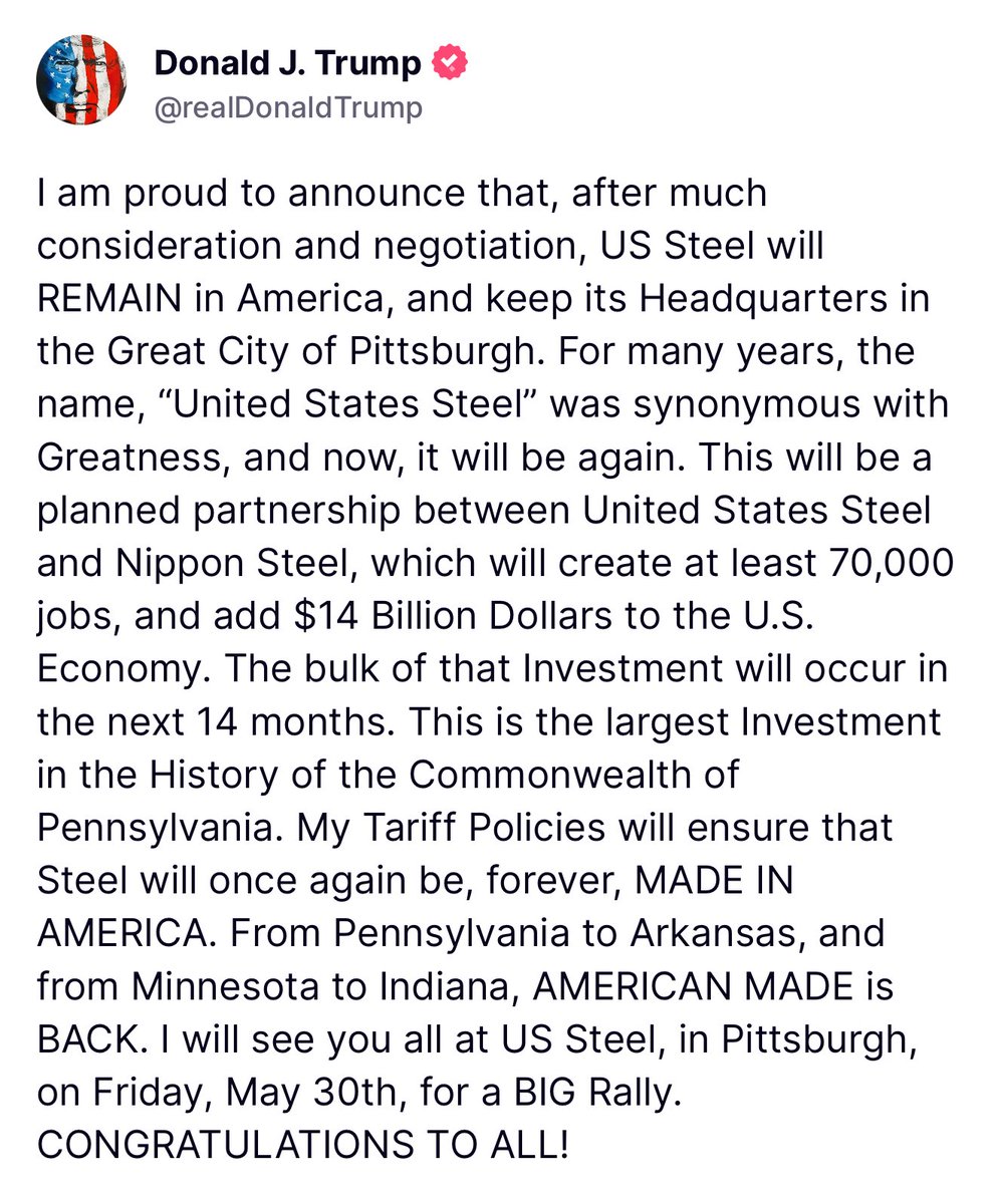 EricLDaugh's tweet image. 🚨 BREAKING: Trump announces U.S. Steel will officially REMAIN in the USA, Pittsburgh.
+70K jobs, +$14B.
And a RALLY will take place in Pittsburgh, PA on May 30th. 🔥